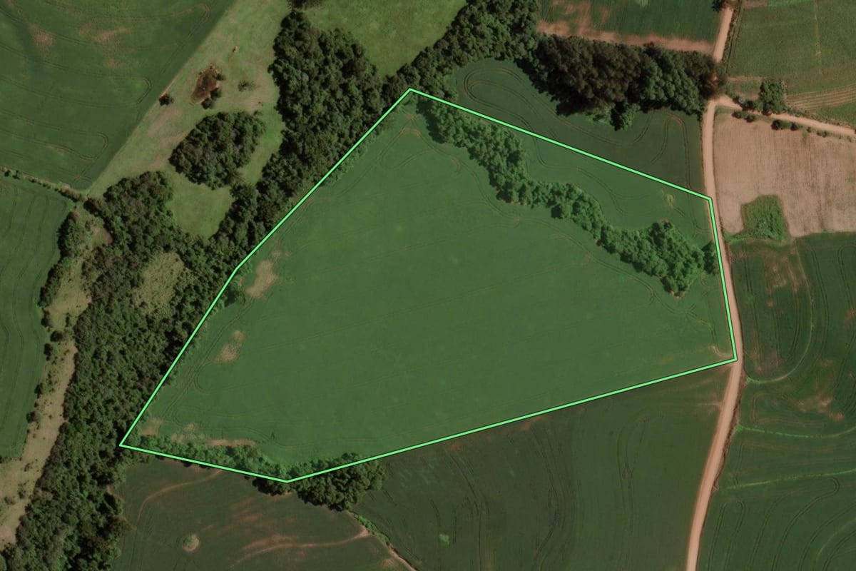 Imagem de satélite do imóvel rural em Tunas (RS), com o contorno declarado no CAR desenhado por cima.