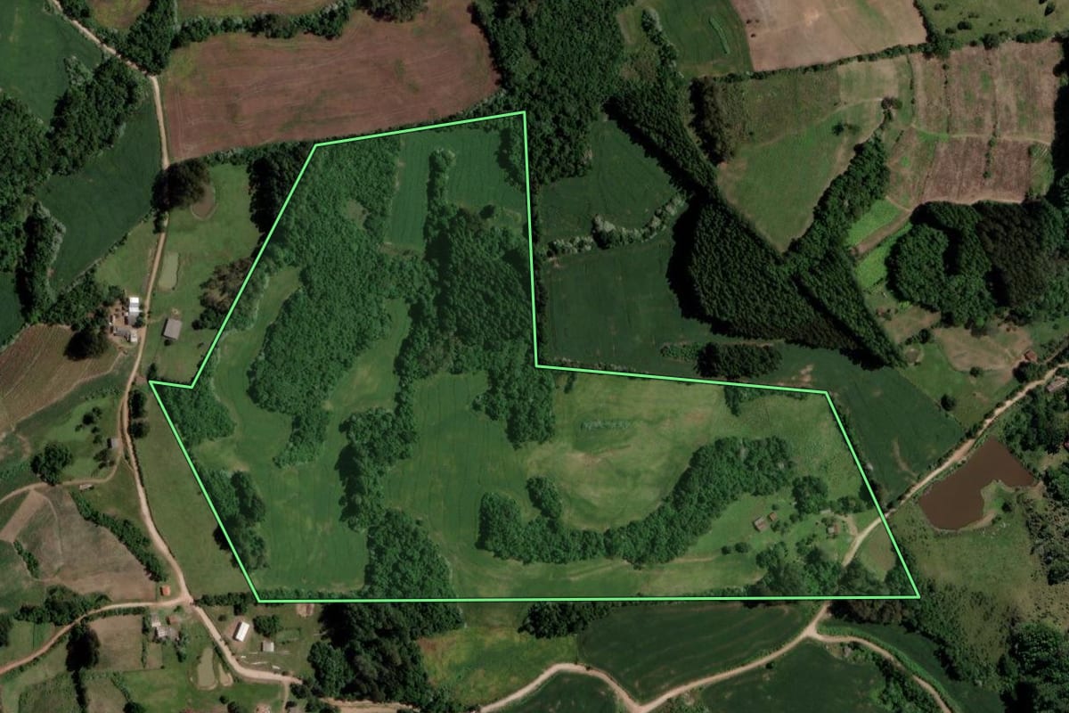 Imagem de satélite do imóvel rural em Tunas (RS), com o contorno declarado no CAR desenhado por cima.