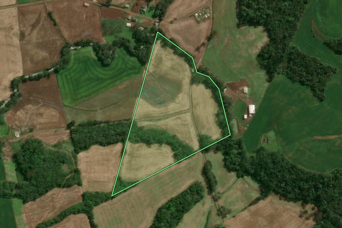 Imagem de satélite do imóvel rural em Tupanci do Sul (RS), com o contorno declarado no CAR desenhado por cima.