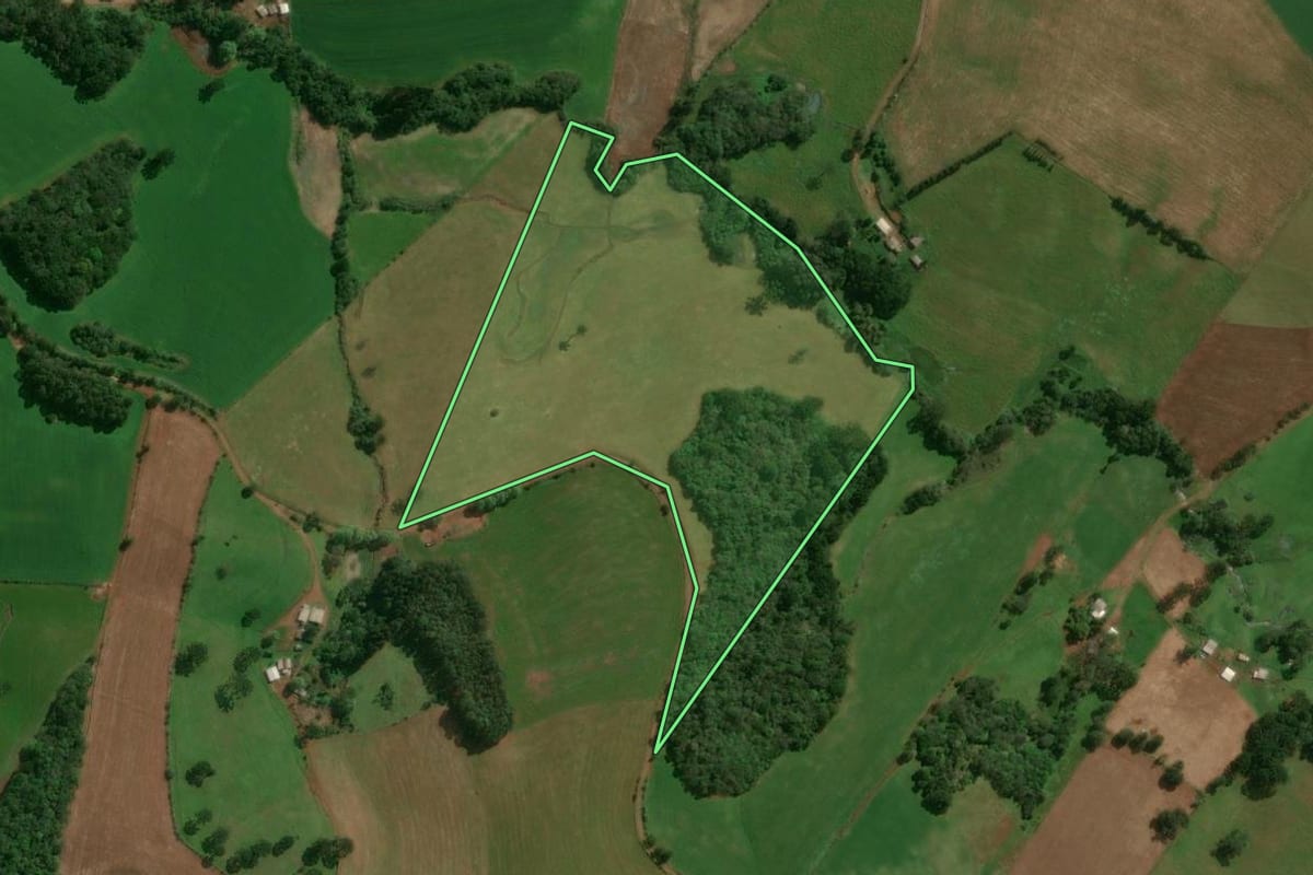 Imagem de satélite do imóvel rural em Tupanci do Sul (RS), com o contorno declarado no CAR desenhado por cima.