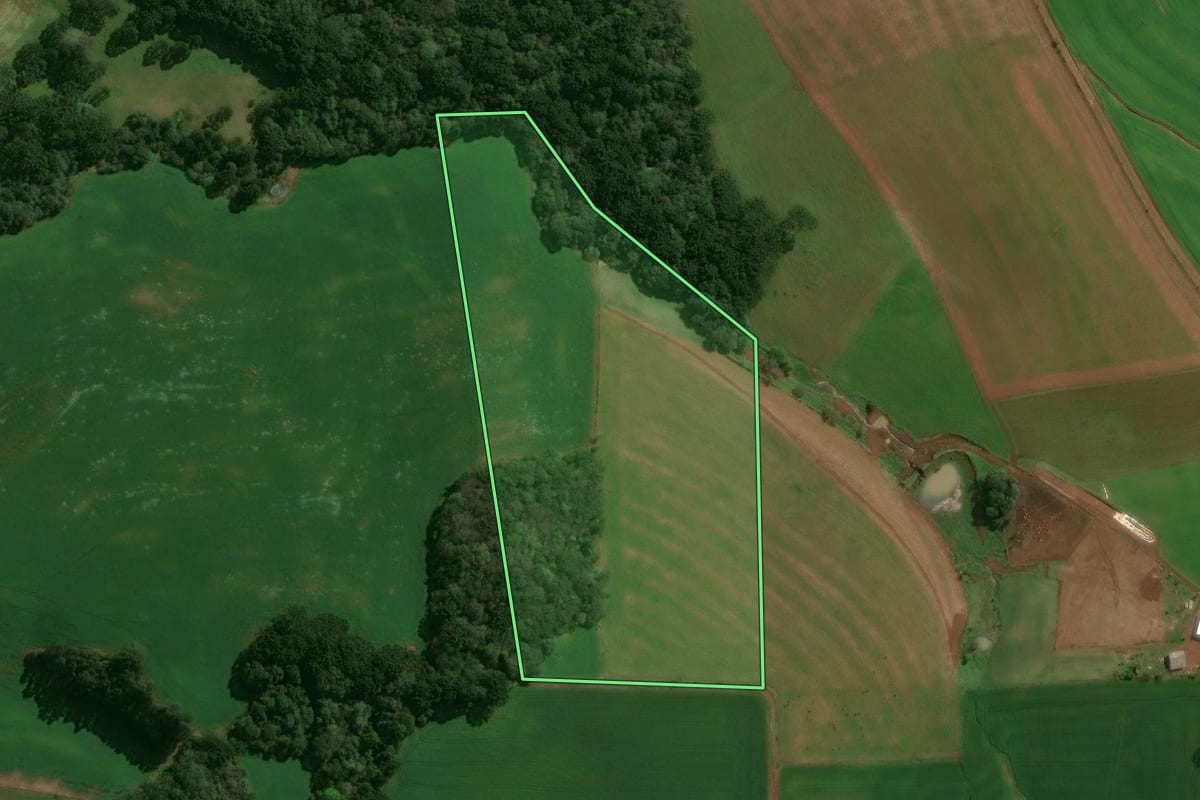 Imagem de satélite do imóvel rural em Tupanci do Sul (RS), com o contorno declarado no CAR desenhado por cima.