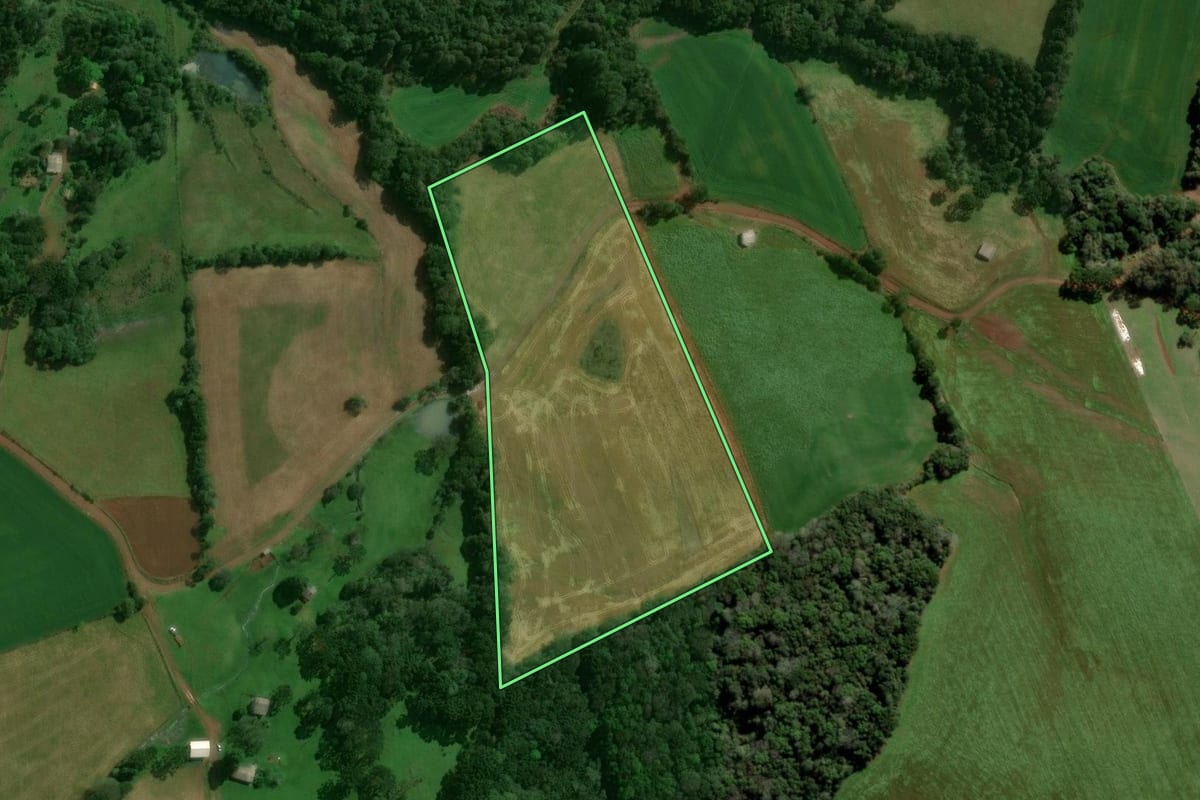 Imagem de satélite do imóvel rural em Tupanci do Sul (RS), com o contorno declarado no CAR desenhado por cima.
