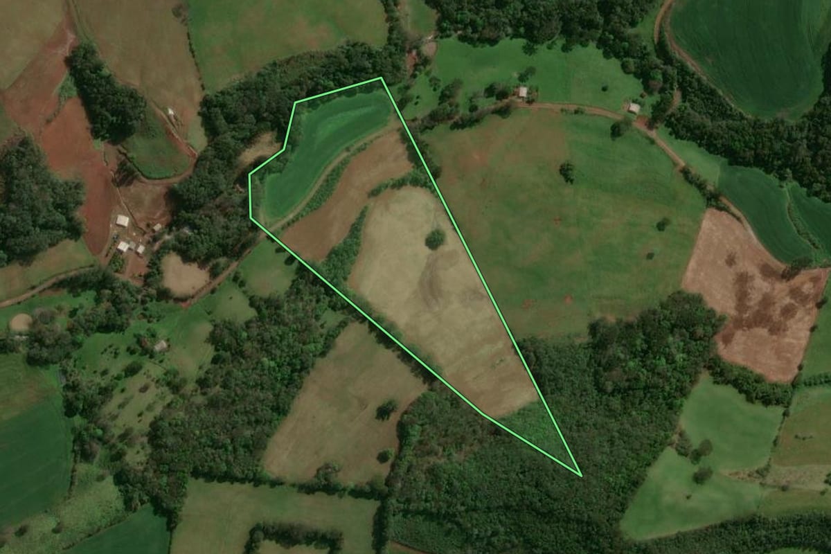 Imagem de satélite do imóvel rural em Tupanci do Sul (RS), com o contorno declarado no CAR desenhado por cima.