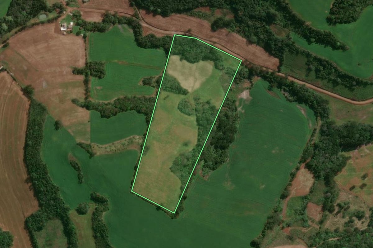 Imagem de satélite do imóvel rural em Tupanci do Sul (RS), com o contorno declarado no CAR desenhado por cima.