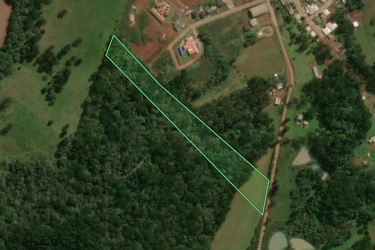 Imagem de satélite do imóvel rural em Tupanci do Sul (RS), com o contorno declarado no CAR desenhado por cima.