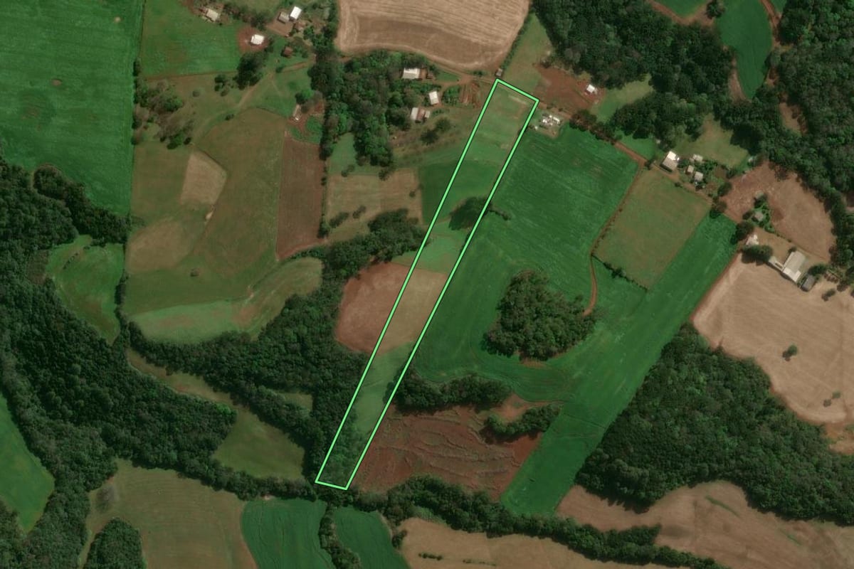 Imagem de satélite do imóvel rural em Tupanci do Sul (RS), com o contorno declarado no CAR desenhado por cima.