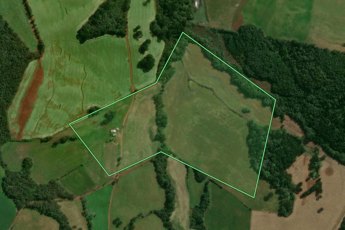 Imagem de satélite do imóvel rural em Tupanci do Sul (RS), com o contorno declarado no CAR desenhado por cima.