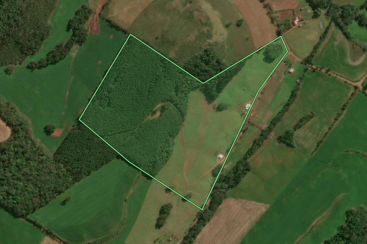 Imagem de satélite do imóvel rural em Tupanci do Sul (RS), com o contorno declarado no CAR desenhado por cima.