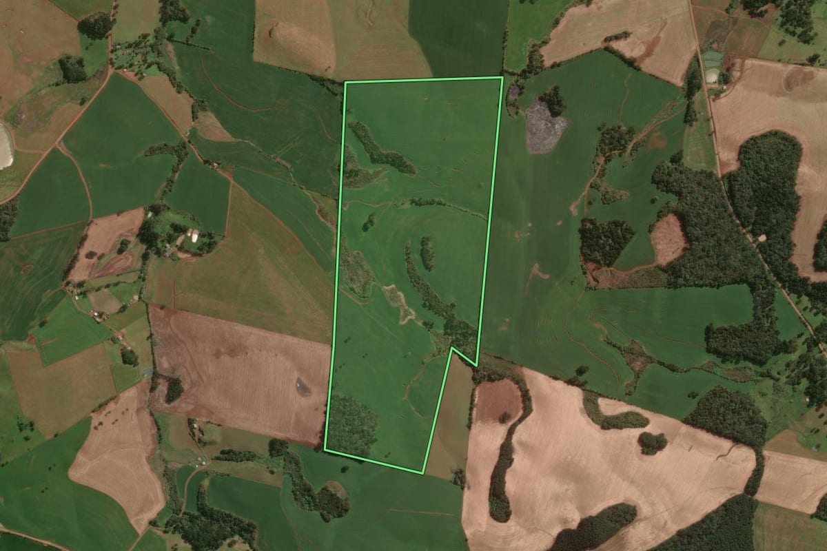 Imagem de satélite do imóvel rural em Tupanci do Sul (RS), com o contorno declarado no CAR desenhado por cima.