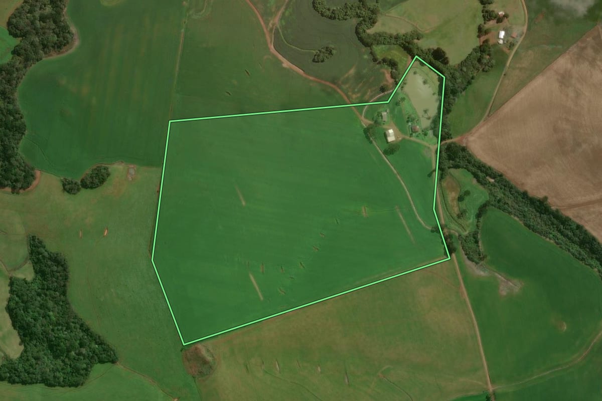 Imagem de satélite do imóvel rural em Tupanci do Sul (RS), com o contorno declarado no CAR desenhado por cima.