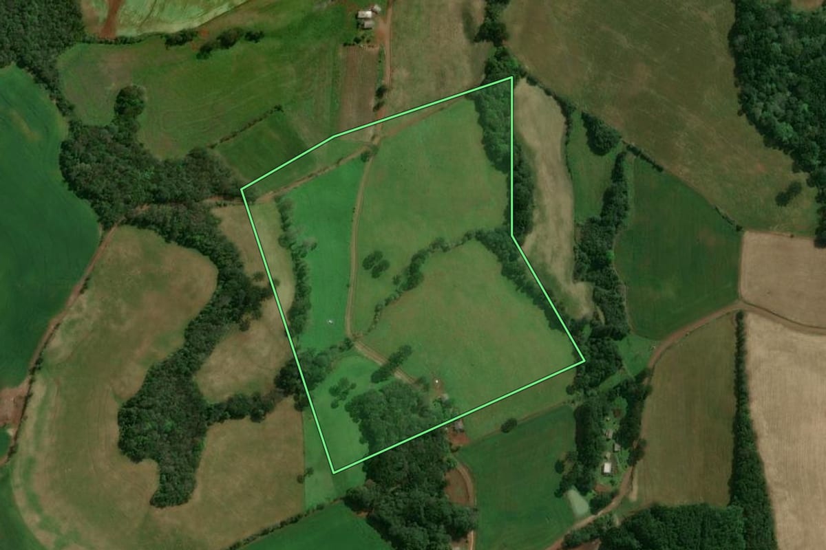 Imagem de satélite do imóvel rural em Tupanci do Sul (RS), com o contorno declarado no CAR desenhado por cima.