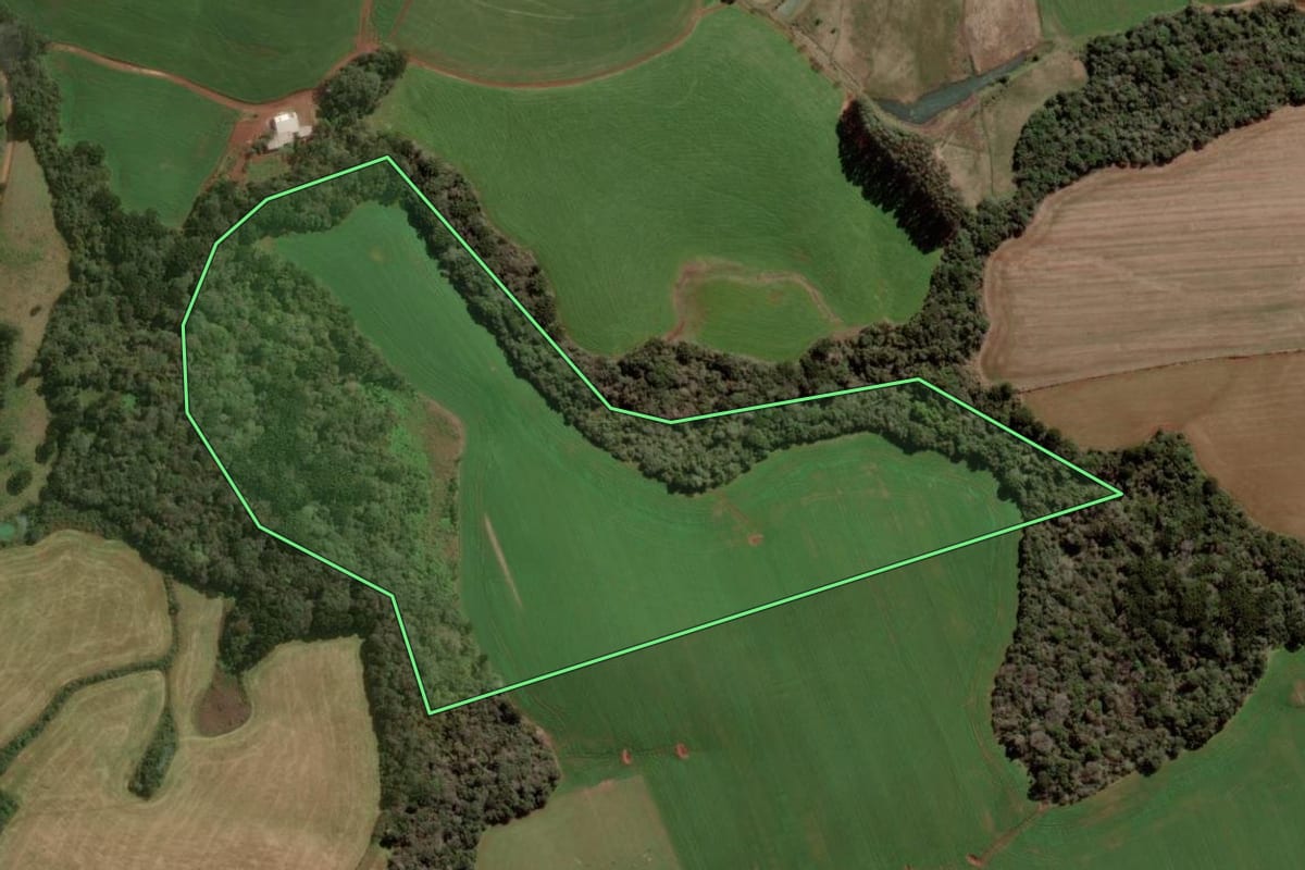 Imagem de satélite do imóvel rural em Tupanci do Sul (RS), com o contorno declarado no CAR desenhado por cima.