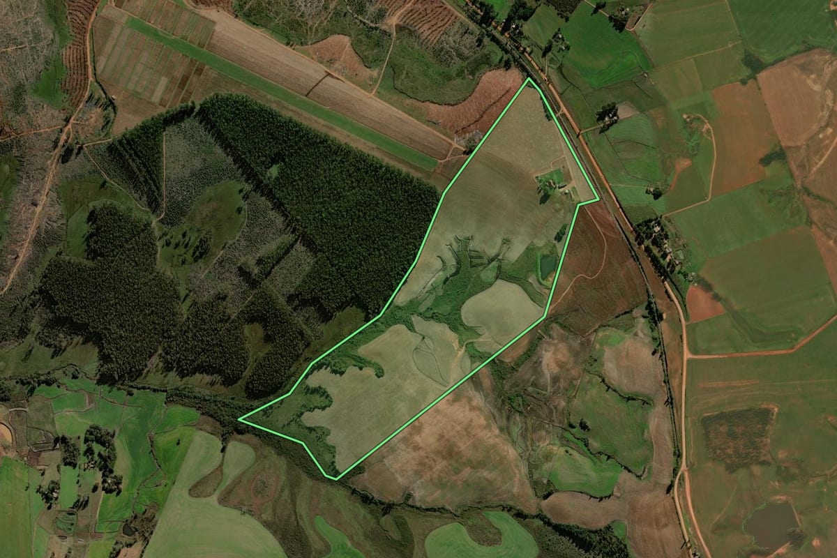 Imagem de satélite do imóvel rural em Tupanciretã (RS), com o contorno declarado no CAR desenhado por cima.