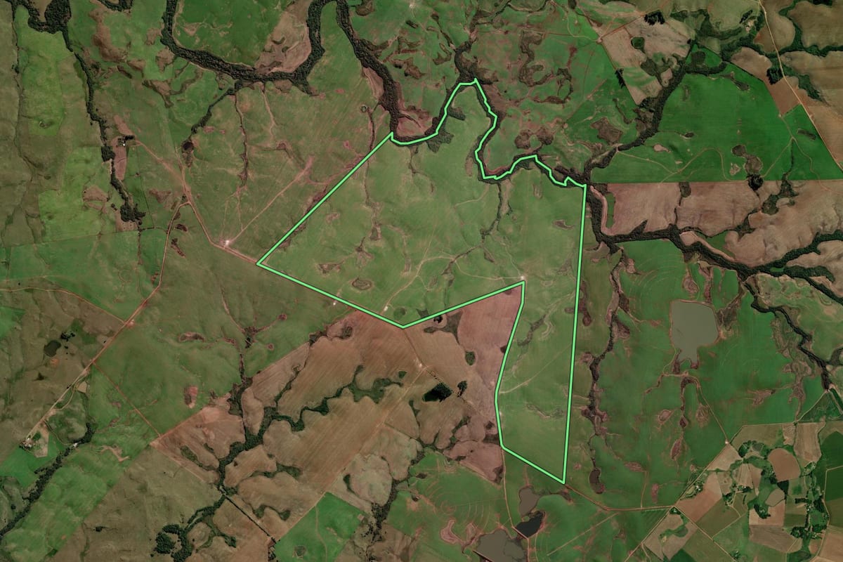 Imagem de satélite do imóvel rural em Tupanciretã (RS), com o contorno declarado no CAR desenhado por cima.