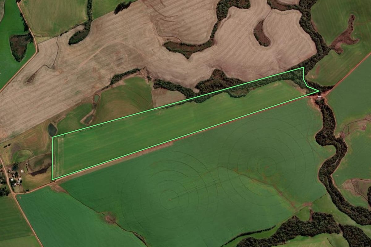 Imagem de satélite do imóvel rural em Tupanciretã (RS), com o contorno declarado no CAR desenhado por cima.