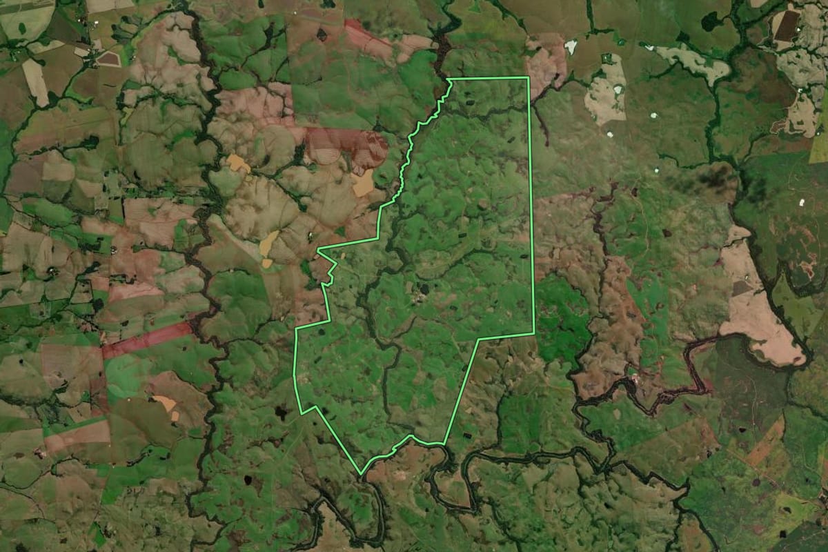 Imagem de satélite do imóvel rural em Tupanciretã (RS), com o contorno declarado no CAR desenhado por cima.