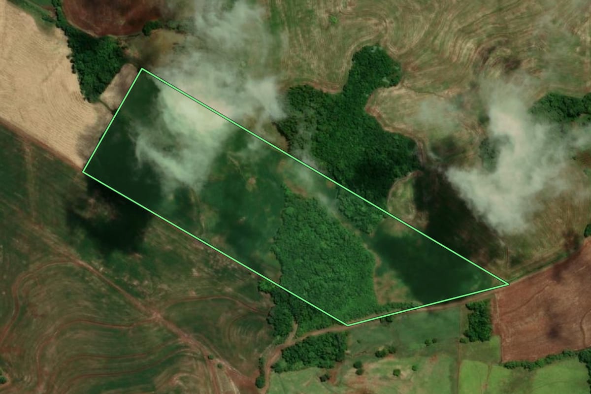 Imagem de satélite do imóvel rural em Tuparendi (RS), com o contorno declarado no CAR desenhado por cima.