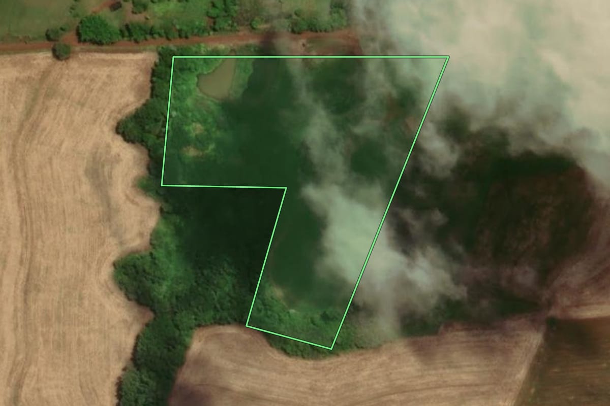 Imagem de satélite do imóvel rural em Tuparendi (RS), com o contorno declarado no CAR desenhado por cima.