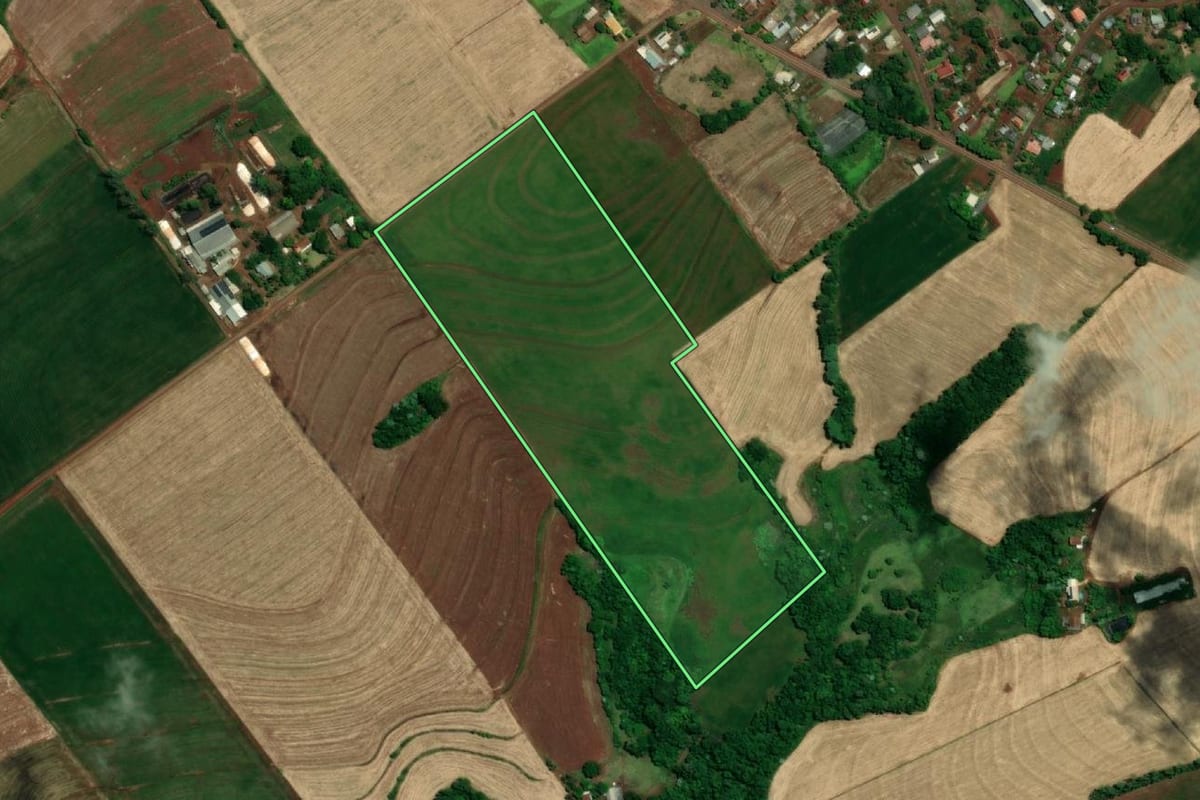 Imagem de satélite do imóvel rural em Tuparendi (RS), com o contorno declarado no CAR desenhado por cima.