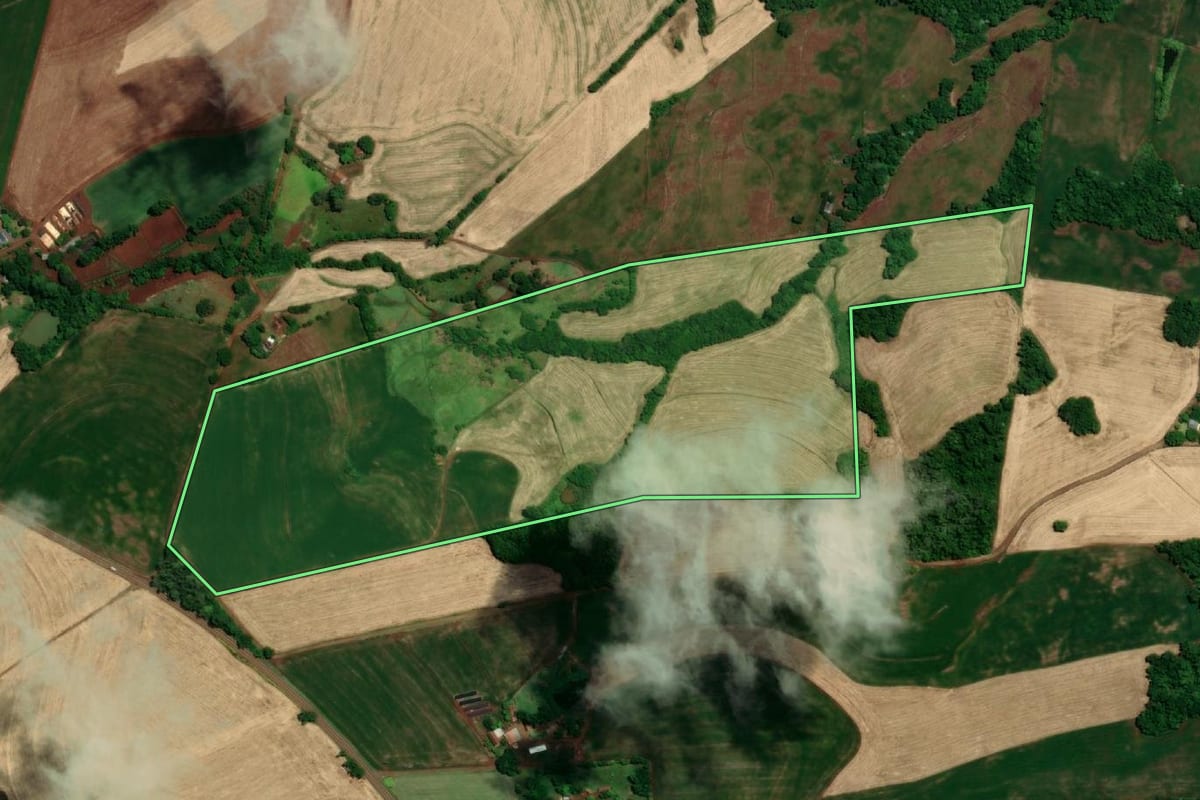 Imagem de satélite do imóvel rural em Tuparendi (RS), com o contorno declarado no CAR desenhado por cima.