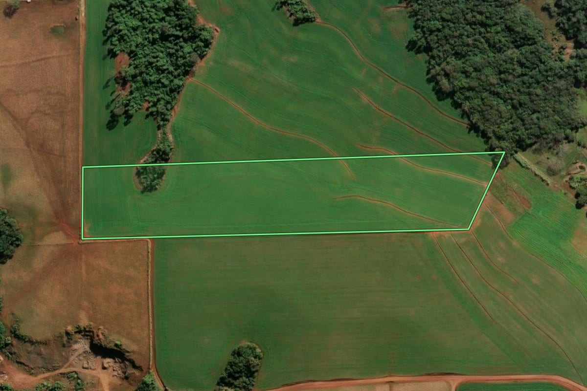Imagem de satélite do imóvel rural em Tuparendi (RS), com o contorno declarado no CAR desenhado por cima.