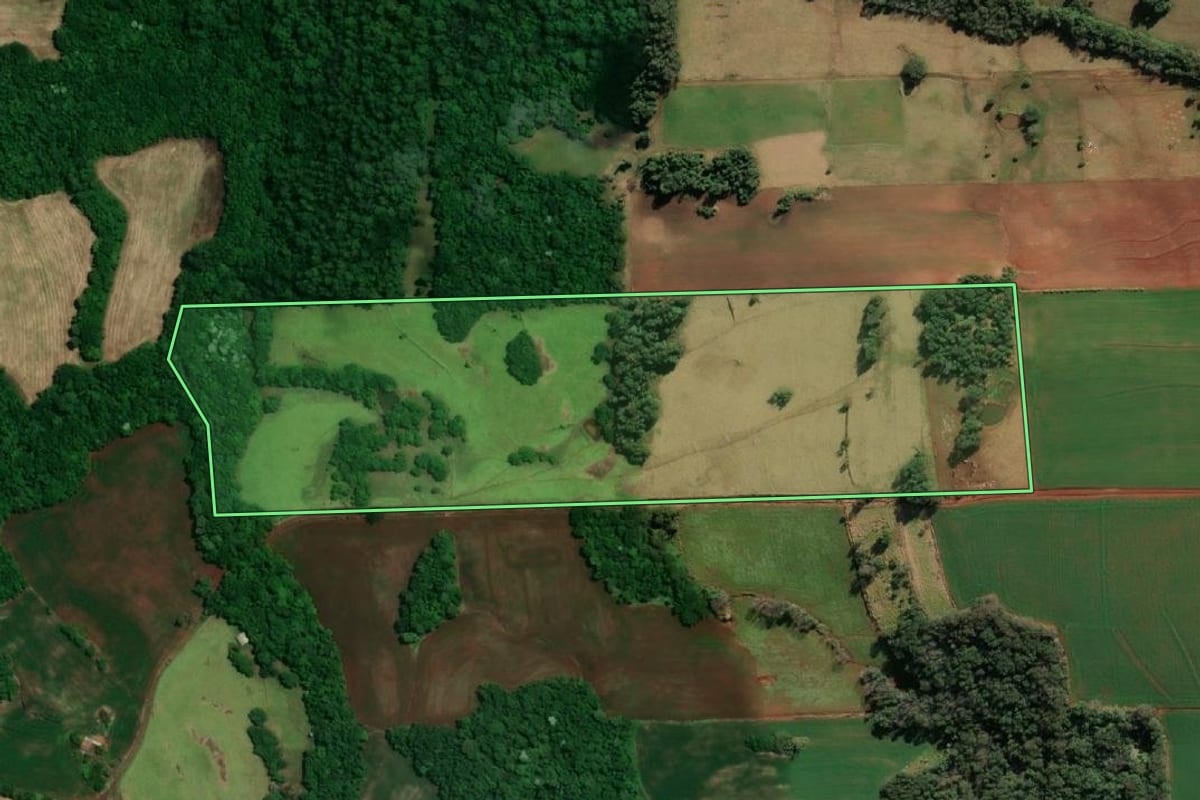 Imagem de satélite do imóvel rural em Tuparendi (RS), com o contorno declarado no CAR desenhado por cima.