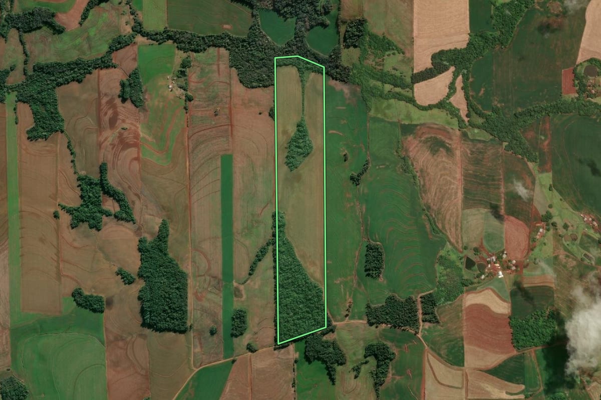 Imagem de satélite do imóvel rural em Tuparendi (RS), com o contorno declarado no CAR desenhado por cima.