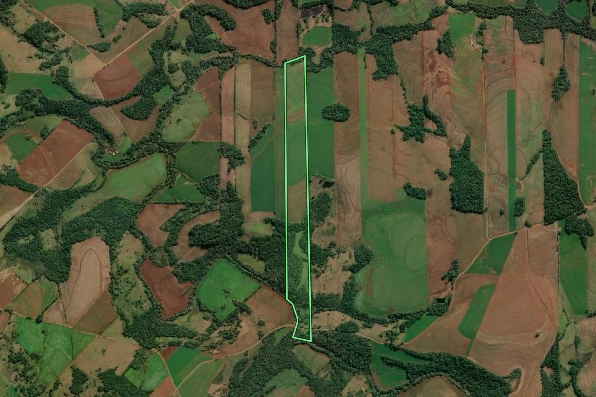 Imagem de satélite do imóvel rural em Tuparendi (RS), com o contorno declarado no CAR desenhado por cima.