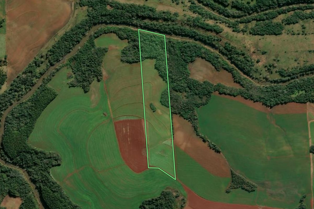 Imagem de satélite do imóvel rural em Tuparendi (RS), com o contorno declarado no CAR desenhado por cima.