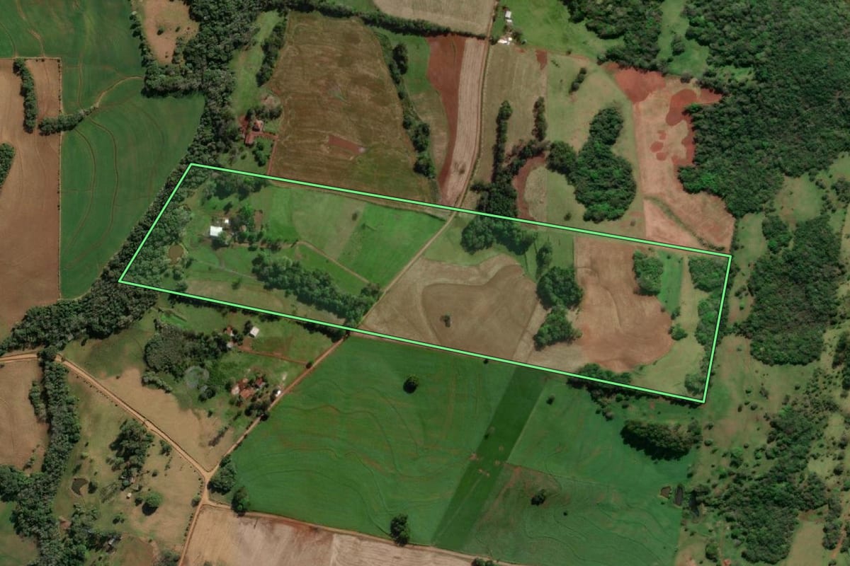 Imagem de satélite do imóvel rural em Tuparendi (RS), com o contorno declarado no CAR desenhado por cima.