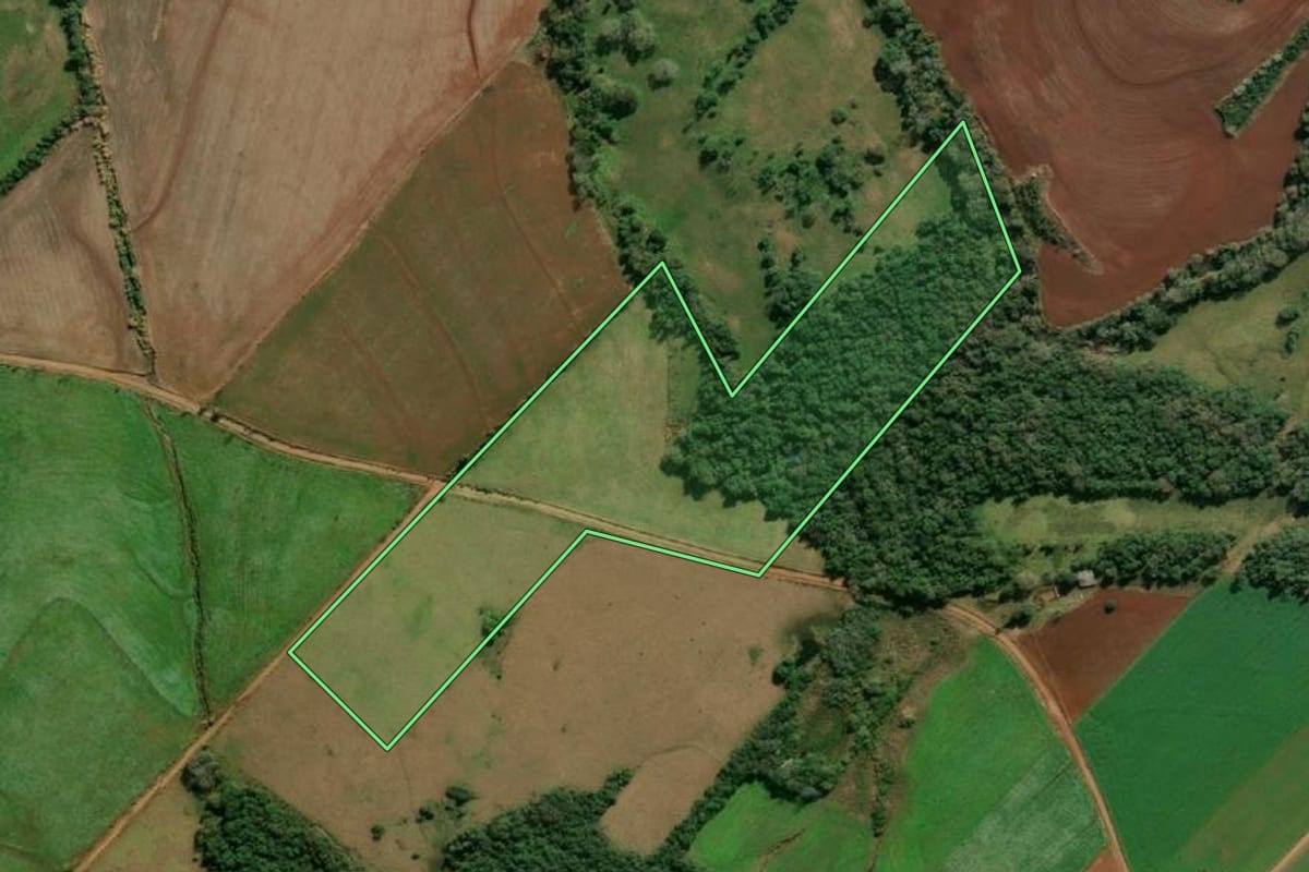Imagem de satélite do imóvel rural em Tuparendi (RS), com o contorno declarado no CAR desenhado por cima.