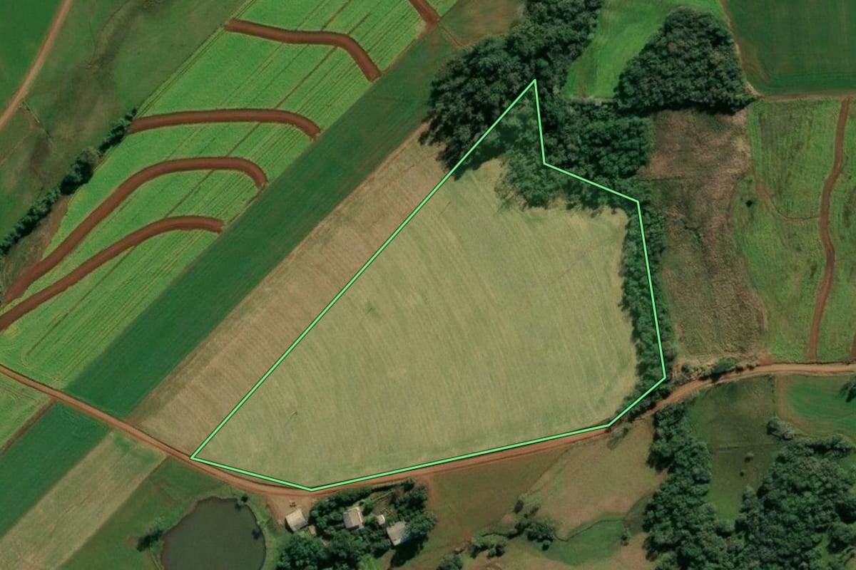 Imagem de satélite do imóvel rural em Tuparendi (RS), com o contorno declarado no CAR desenhado por cima.