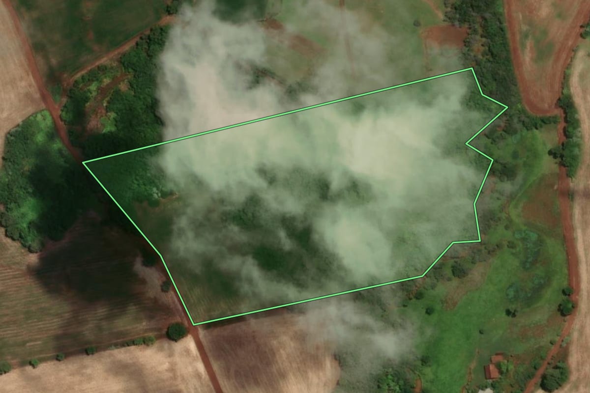 Imagem de satélite do imóvel rural em Tuparendi (RS), com o contorno declarado no CAR desenhado por cima.