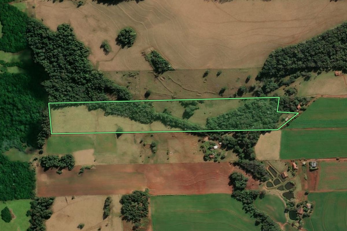 Imagem de satélite do imóvel rural em Tuparendi (RS), com o contorno declarado no CAR desenhado por cima.