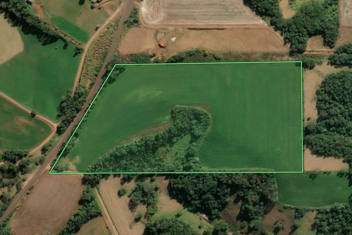 Imagem de satélite do imóvel rural em Tuparendi (RS), com o contorno declarado no CAR desenhado por cima.