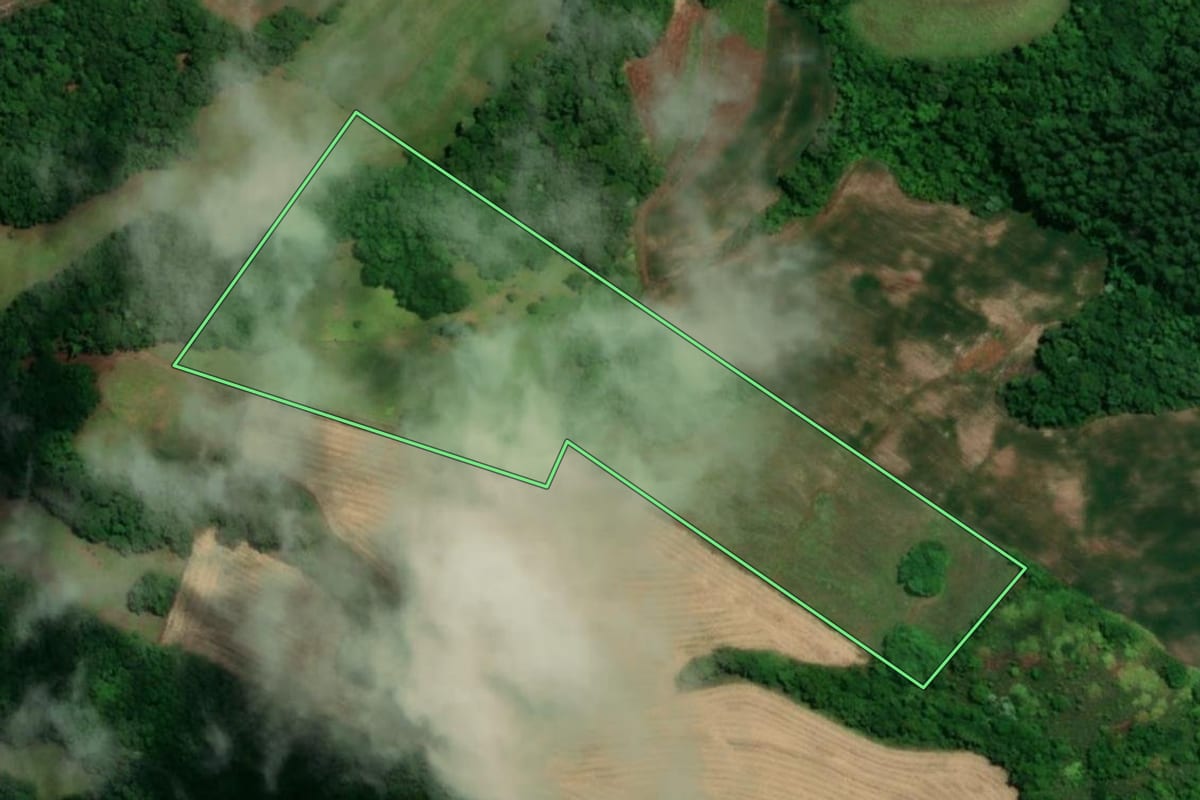Imagem de satélite do imóvel rural em Tuparendi (RS), com o contorno declarado no CAR desenhado por cima.