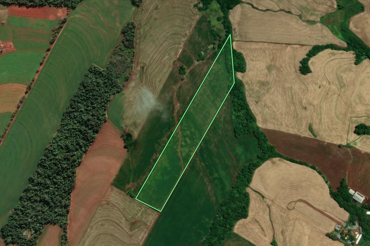 Imagem de satélite do imóvel rural em Tuparendi (RS), com o contorno declarado no CAR desenhado por cima.