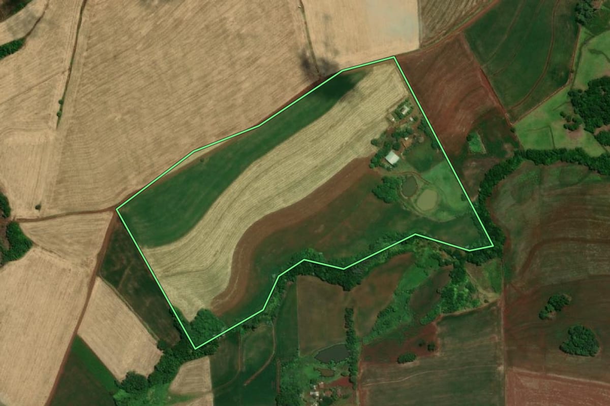 Imagem de satélite do imóvel rural em Tuparendi (RS), com o contorno declarado no CAR desenhado por cima.