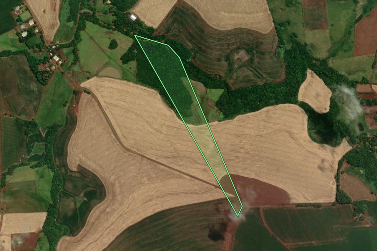 Imagem de satélite do imóvel rural em Tuparendi (RS), com o contorno declarado no CAR desenhado por cima.