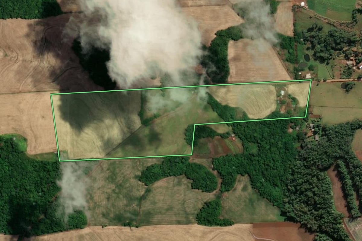 Imagem de satélite do imóvel rural em Tuparendi (RS), com o contorno declarado no CAR desenhado por cima.