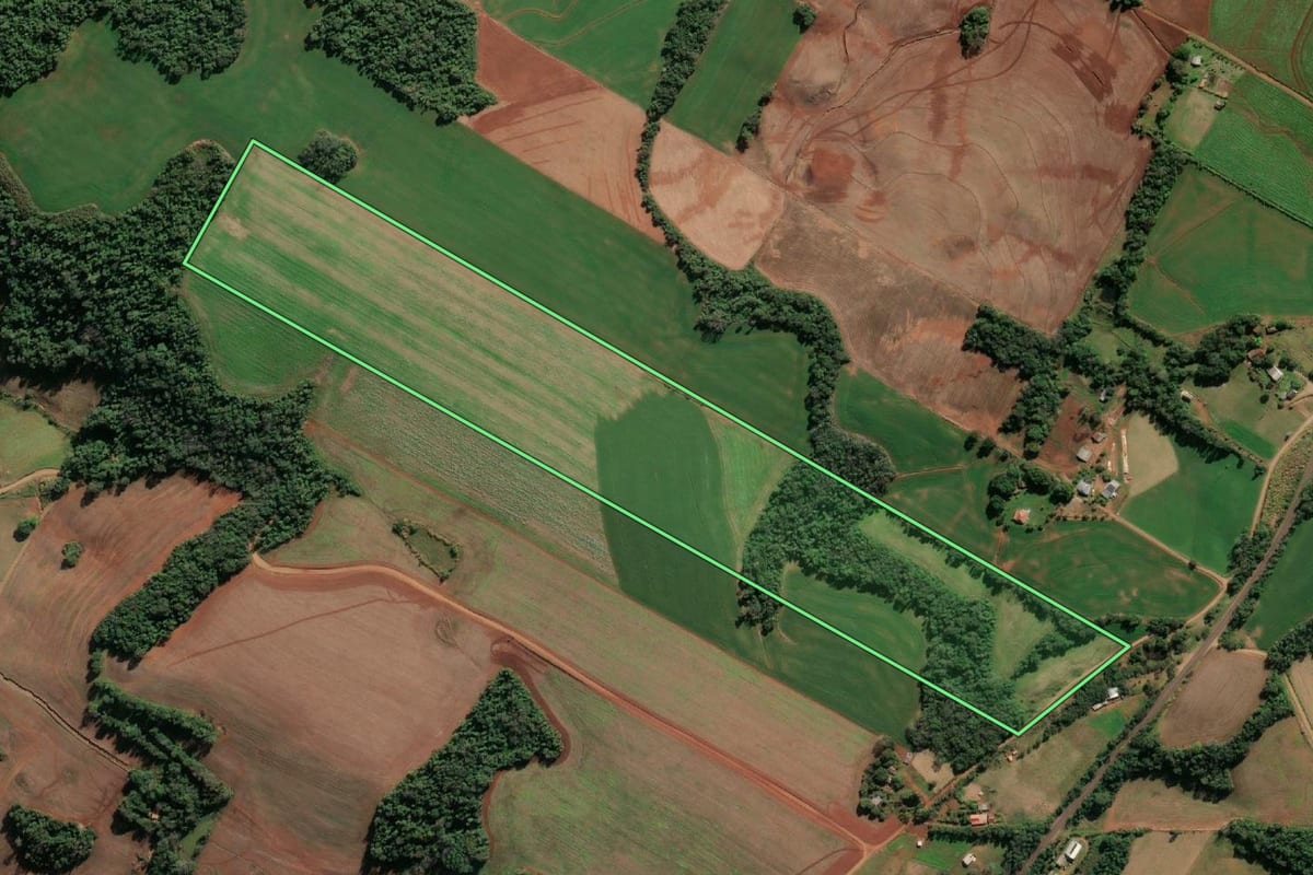 Imagem de satélite do imóvel rural em Tuparendi (RS), com o contorno declarado no CAR desenhado por cima.