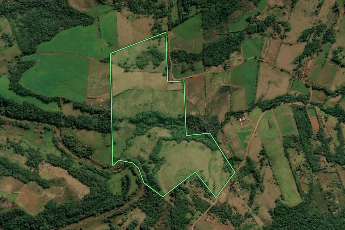 Imagem de satélite do imóvel rural em Tuparendi (RS), com o contorno declarado no CAR desenhado por cima.