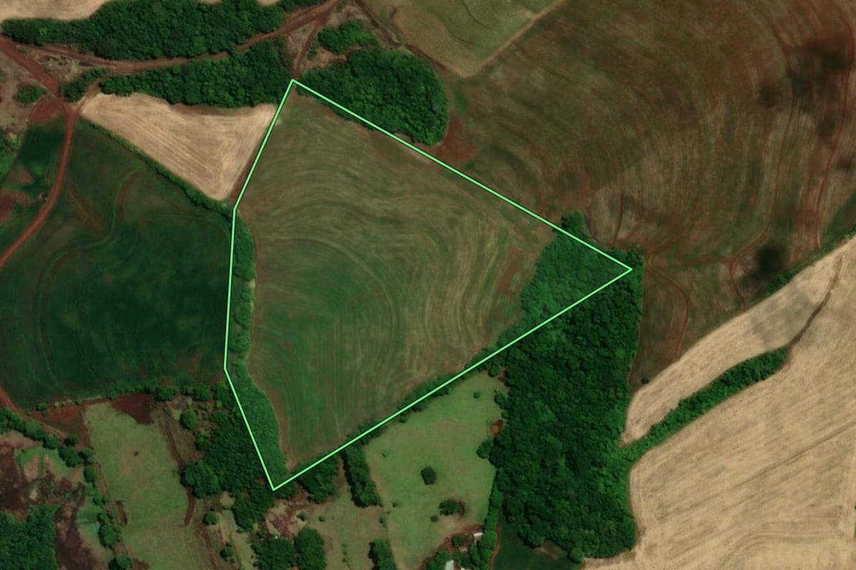Imagem de satélite do imóvel rural em Tuparendi (RS), com o contorno declarado no CAR desenhado por cima.