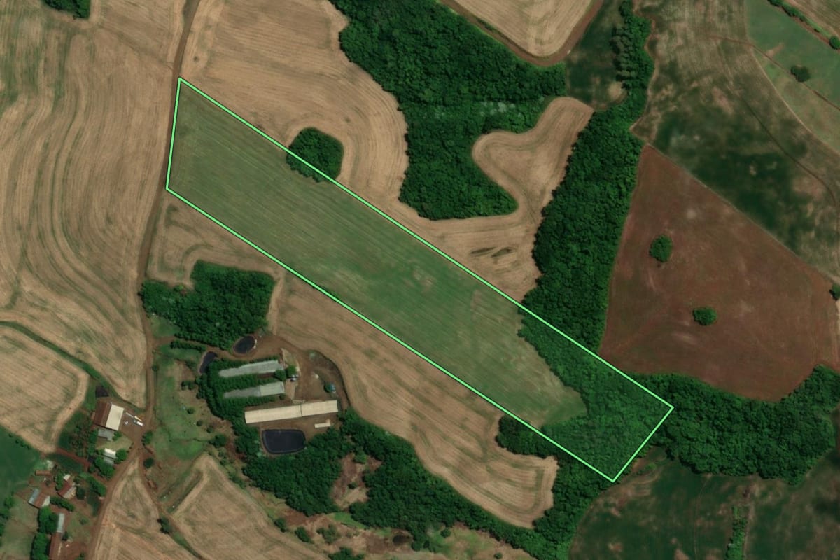 Imagem de satélite do imóvel rural em Tuparendi (RS), com o contorno declarado no CAR desenhado por cima.
