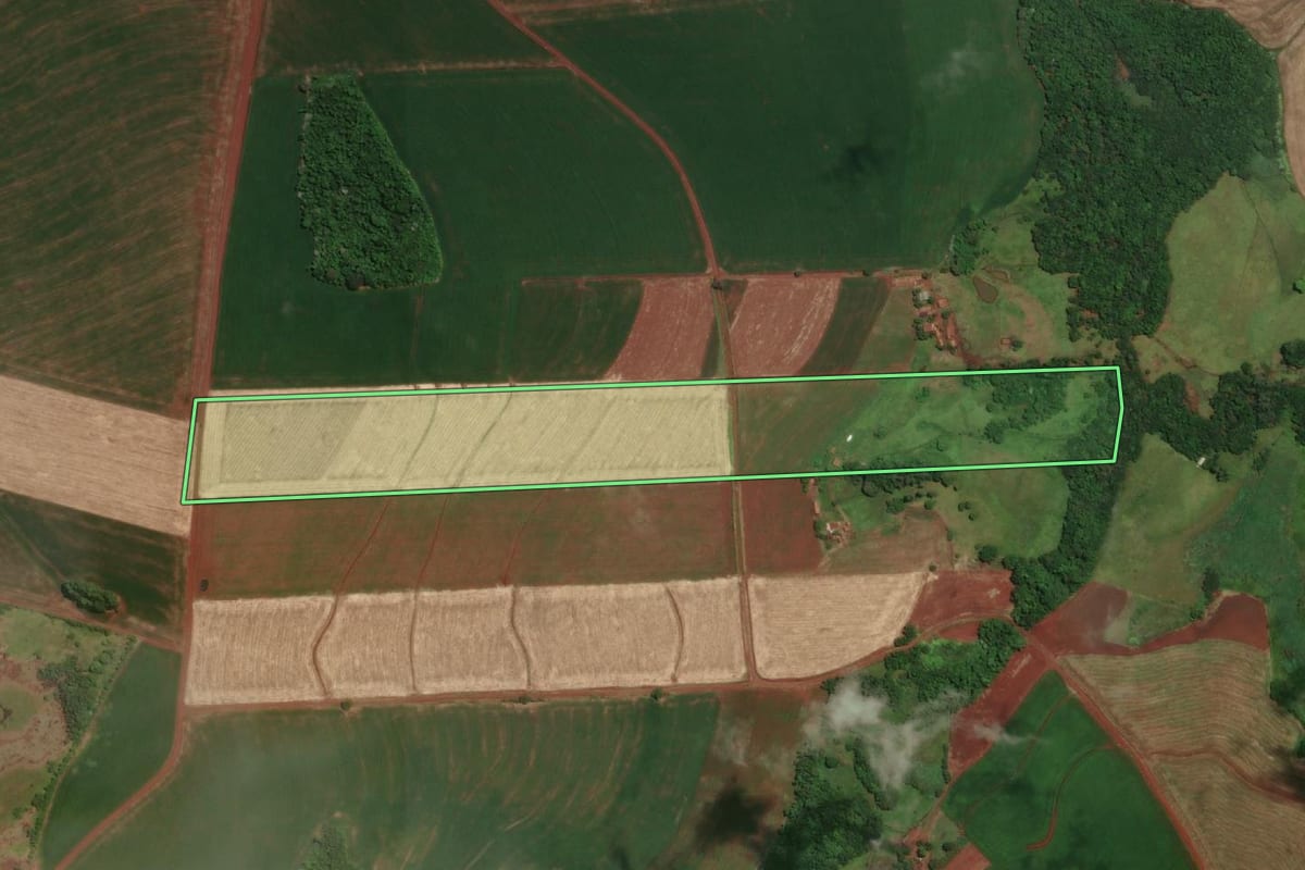 Imagem de satélite do imóvel rural em Tuparendi (RS), com o contorno declarado no CAR desenhado por cima.