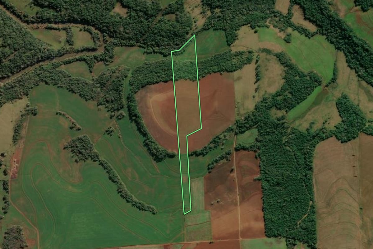 Imagem de satélite do imóvel rural em Tuparendi (RS), com o contorno declarado no CAR desenhado por cima.