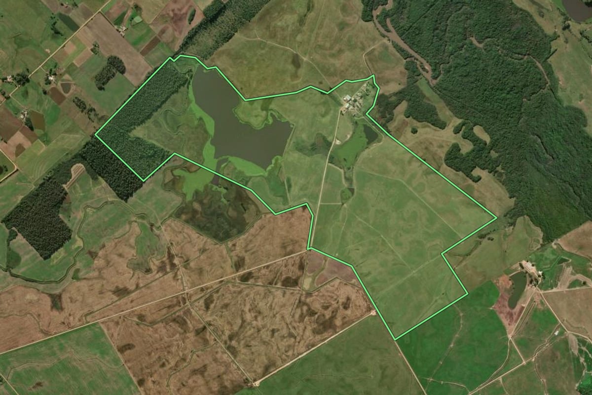 Imagem de satélite do imóvel rural em Turuçu (RS), com o contorno declarado no CAR desenhado por cima.