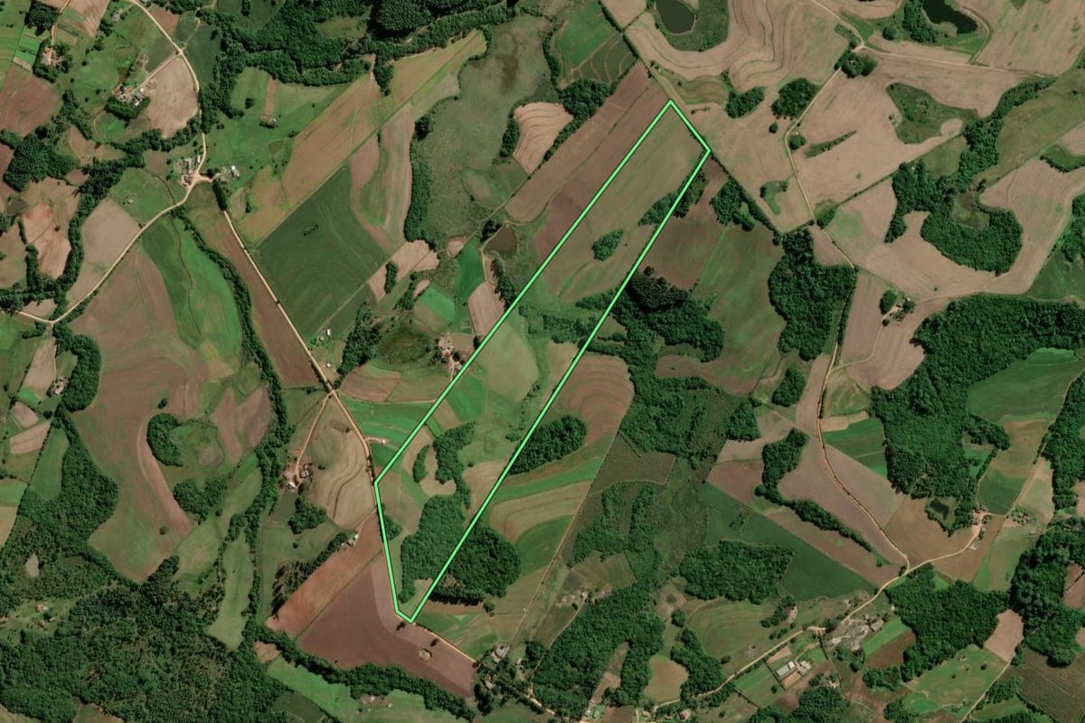 Imagem de satélite do imóvel rural em Turuçu (RS), com o contorno declarado no CAR desenhado por cima.