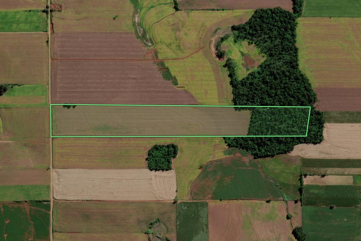 Imagem de satélite do imóvel rural em Ubiretama (RS), com o contorno declarado no CAR desenhado por cima.