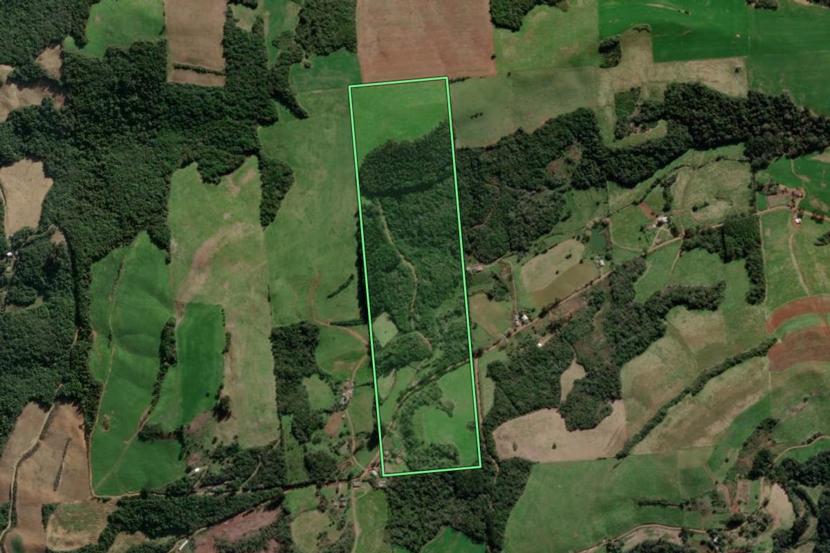 Imagem de satélite do imóvel rural em União da Serra (RS), com o contorno declarado no CAR desenhado por cima.